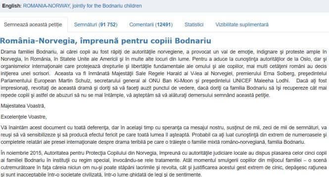 Zeci de mii de oameni au semnat până acum petiţia &quot;România-Norvegia, împreună pentru copiii Bodnariu&quot;. Semnează și tu!