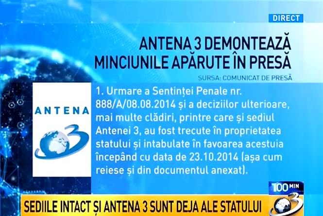 Antena 3 demontează minciunile apărute în presă: Sediile INTACT și Antena 3 sunt deja ale statului