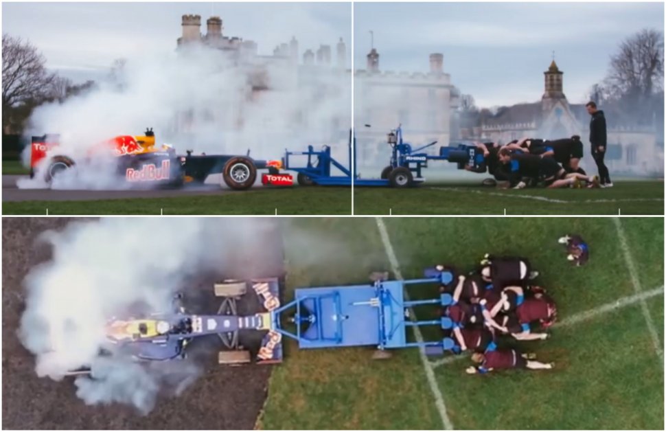O mașină de Formula 1 contra unei echipe de rugby. Cine câștigă?