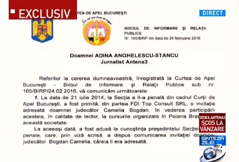 Sinteza zilei: Curtea de Apel București o contrazice pe Camelia Bogdan. ”Nu a avut aviz pentru participarea la vreun seminar”