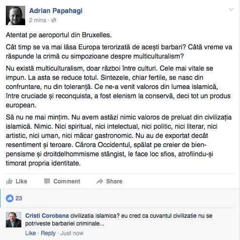 Postarea cumplită a unui intelectual al lui Băsescu după atentatele din Belgia