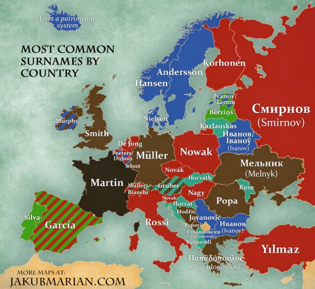 Harta celor mai populare nume de familie din fiecare ţară din Europa