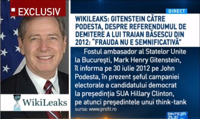 Sinteza zilei. Wikileaks: Gitenstein către Podesta, despre referendumul de demitere a lui Băsescu