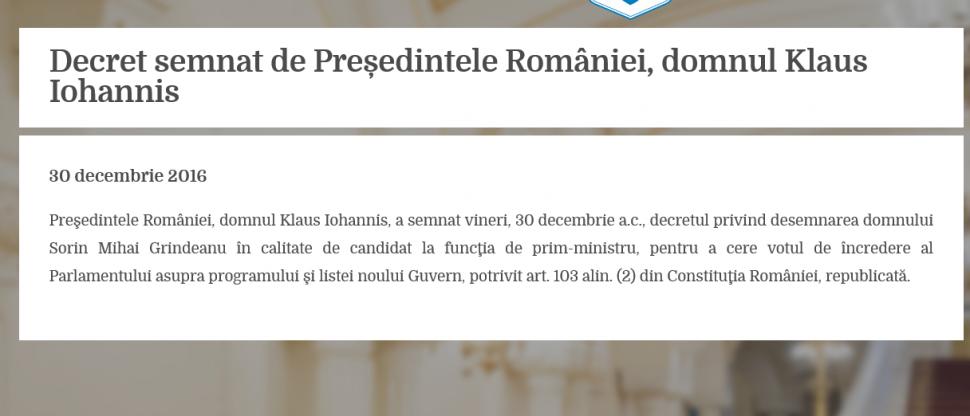  Ce a apărut pe site-ul Cotroceniului, imediat după ce Grindeanu a fost desemnat premier 425703