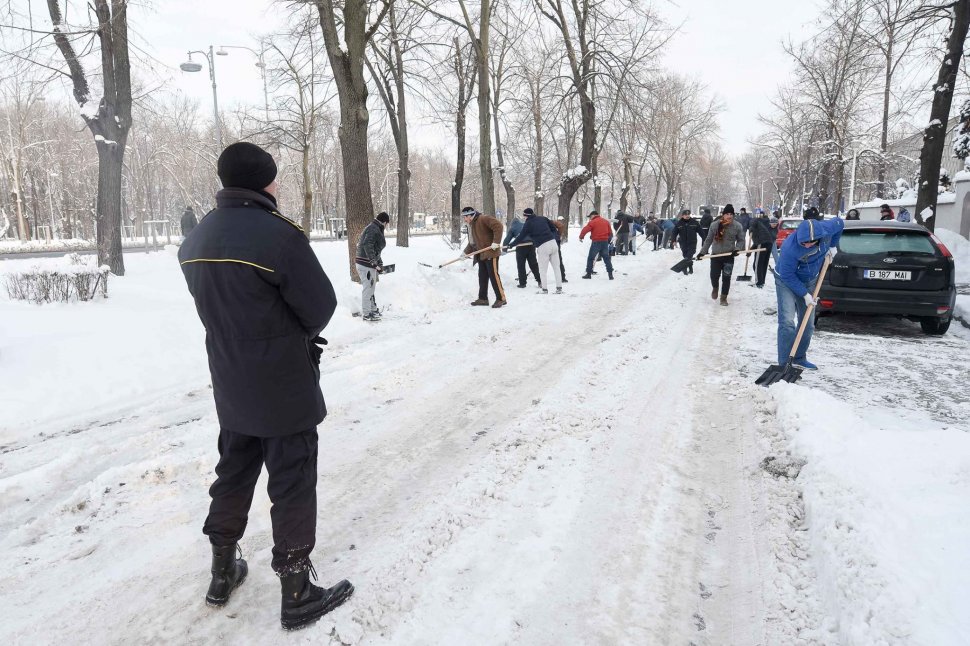 Sute de jandarmi, deținuți și sportivi ai CSM București vor ajuta la deszăpezirea trotuarelor și străzilor secundare din București