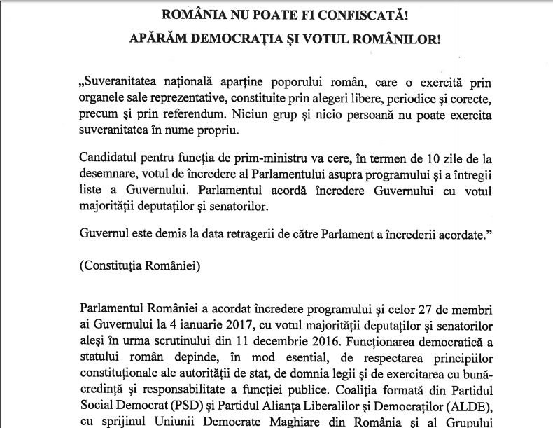Moțiunea de cenzură a fost finalizată. Documentul se intitulează ”România nu poate fi confiscată! Apărăm democraţia şi votul românilor”. Vezi aici textul moțiunii de cenzură
