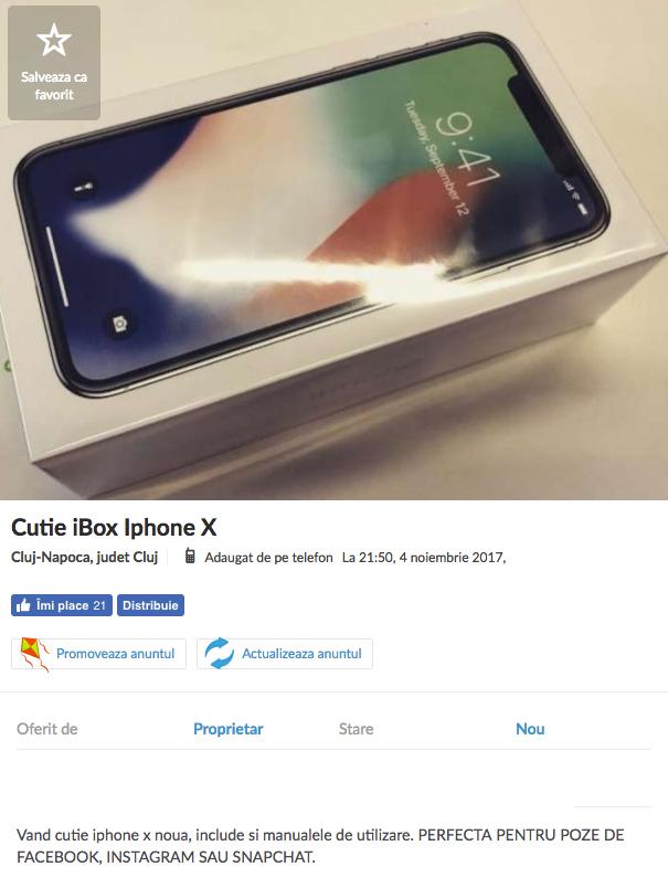 Unde s-a ajuns. Un clujean a scos la vânzare pe net cutia de la iPhone X. Cât cere pe ea și de ce o vinde 489932