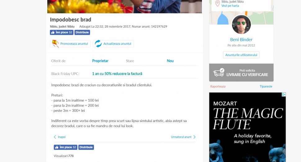 Anunț amuzant pe un site de anunțuri. Un bărbat împodobește brazi de Crăciun cu decorațiunile clientului. Câți bani cere pentru servicii 494267