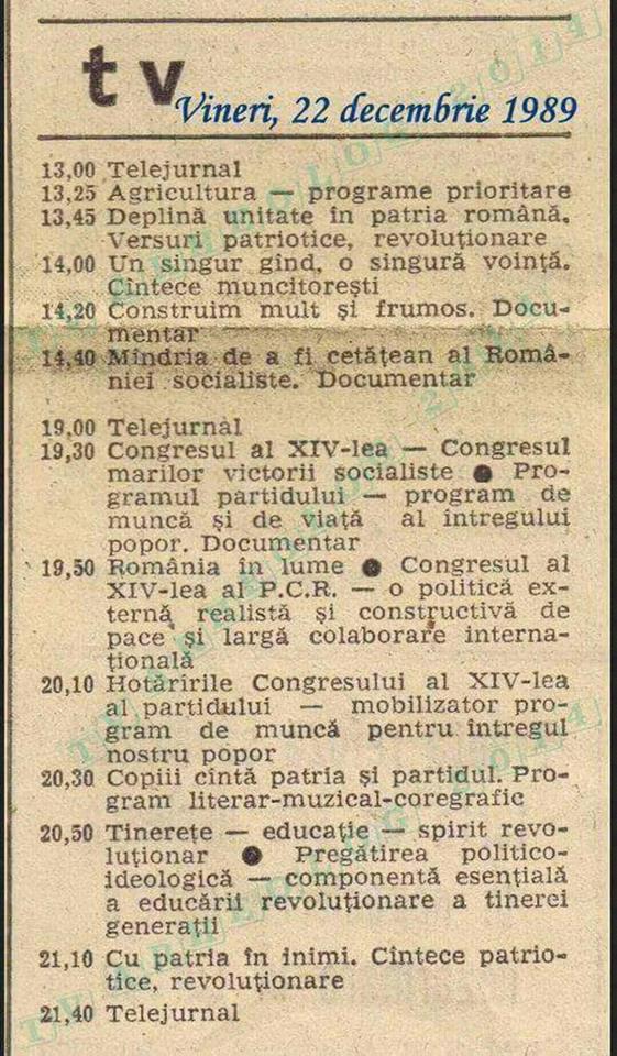 Cum arăta programul Televiziunii Române, pe 22 decembrie 1989 498696