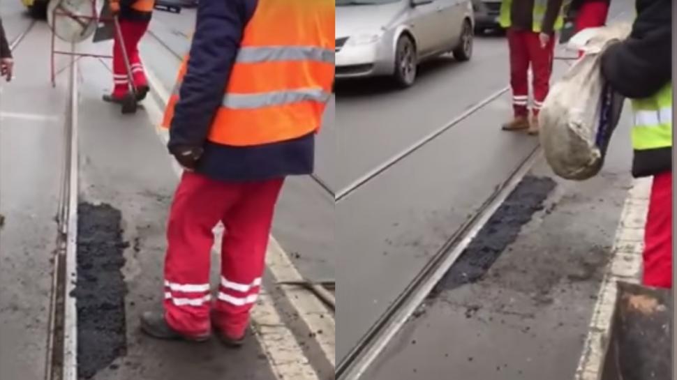 Imagini incredibile în Iași! Muncitori surprinși în timp ce asfaltau cu picioarele - VIDEO