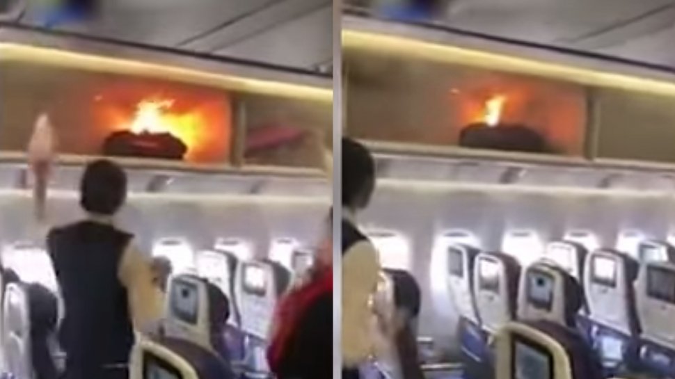 Momente de panică la bordul unui avion! Bagajul unui pasager a fost cuprins de flăcări - VIDEO