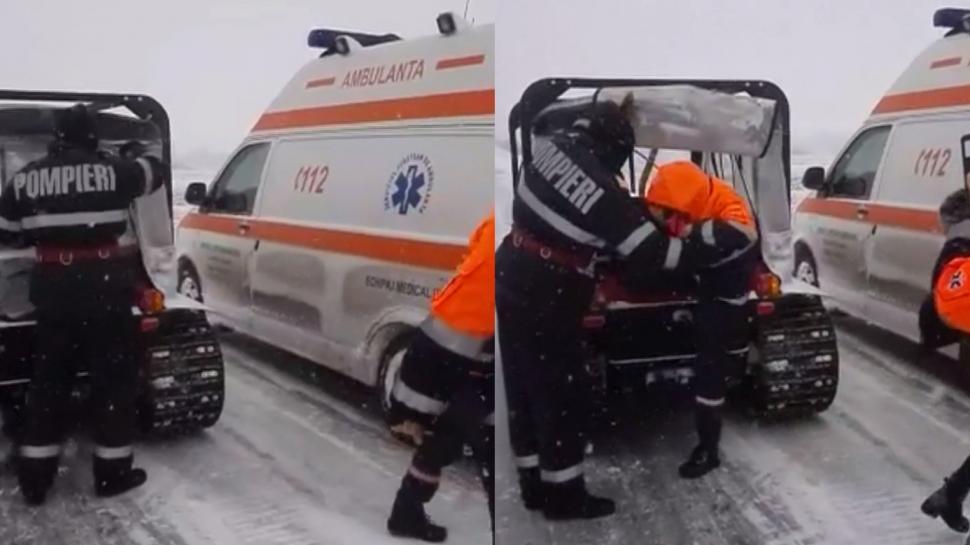 Situație critică în Constanța! Ambulanță cu doi copii, blocată de cinci ore în zăpadă