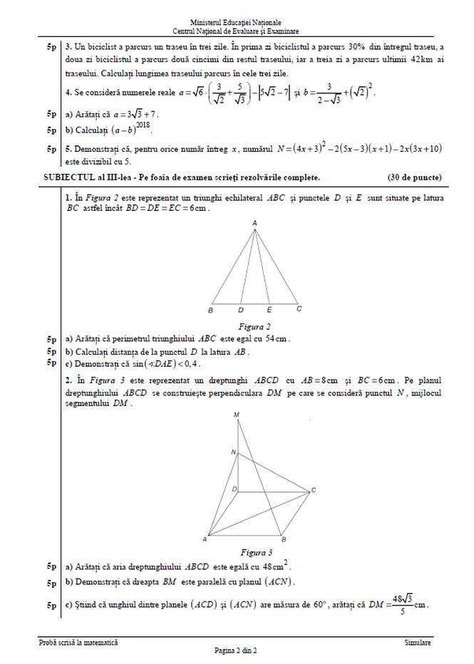 SIMULARE EVALUARE NAŢIONALĂ 2018. Subiectele și baremul la matematică, clasa a VIII-a  513094