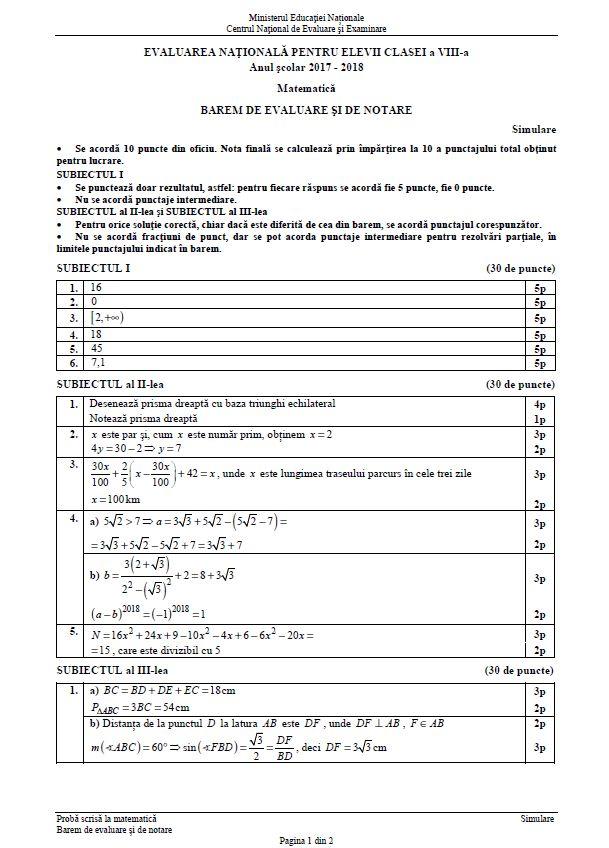 SIMULARE EVALUARE NAŢIONALĂ 2018. Subiectele și baremul la matematică, clasa a VIII-a  513097