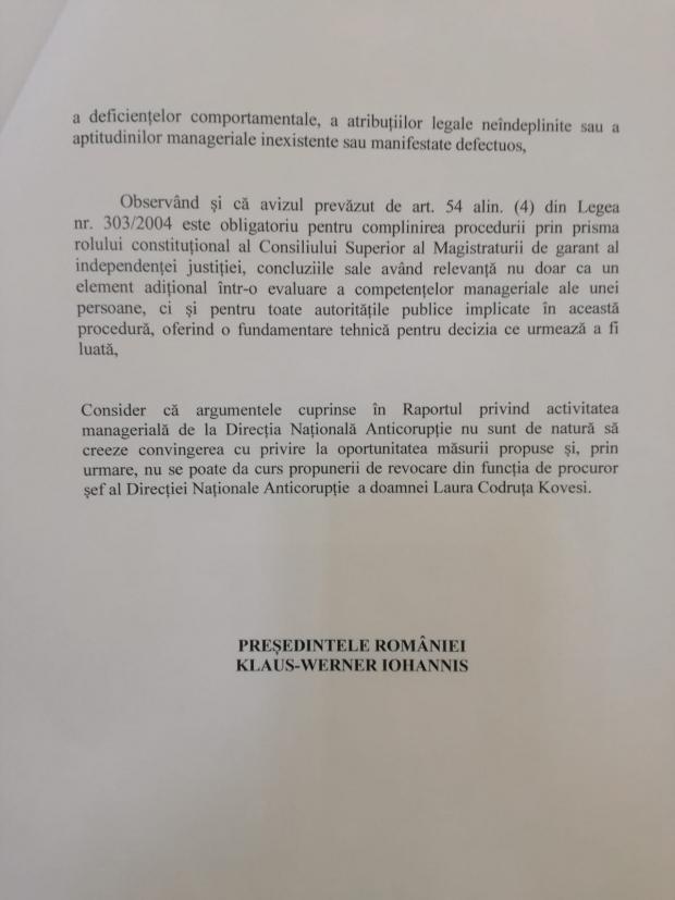 Documentul prin care Klaus Iohannis își motivează decizia de a nu o revoca pe Laura Codruța Kovesi 521631
