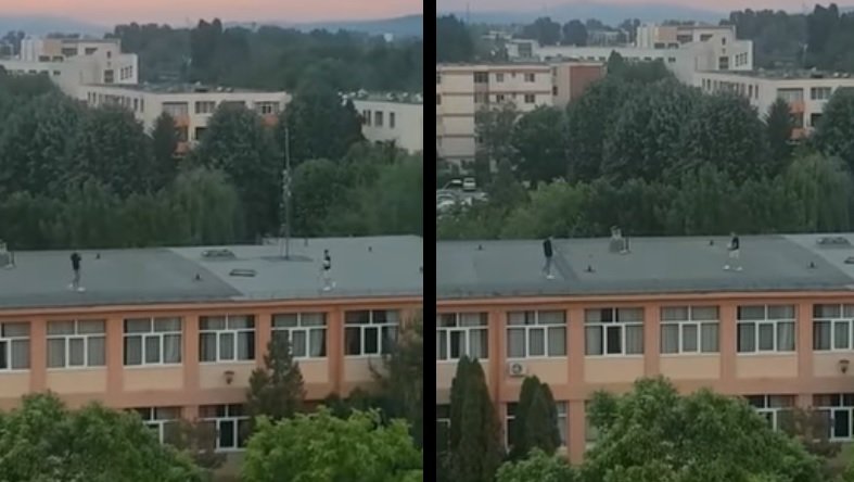 Tenis pe acoperișul școlii. Pericolul major la care s-au expus doi elevi din Pitești - VIDEO