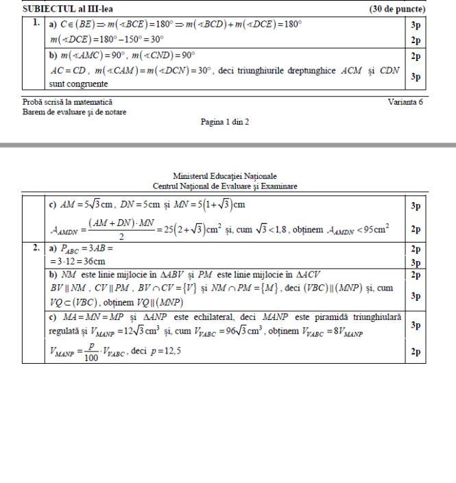 Rezolvare subiectul III la matematică. BAREME de corectare la EVALUAREA NAȚIONALĂ 2018 533044
