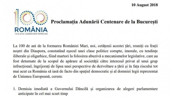 ”Proclamația Adunării Centenare de la București”. Cerințele protestatarilor