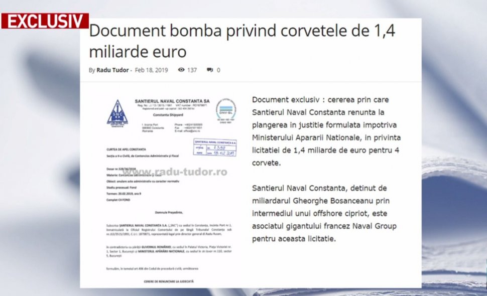 Radu Tudor: Document bombă privind corvetele de 1,4 miliarde de euro