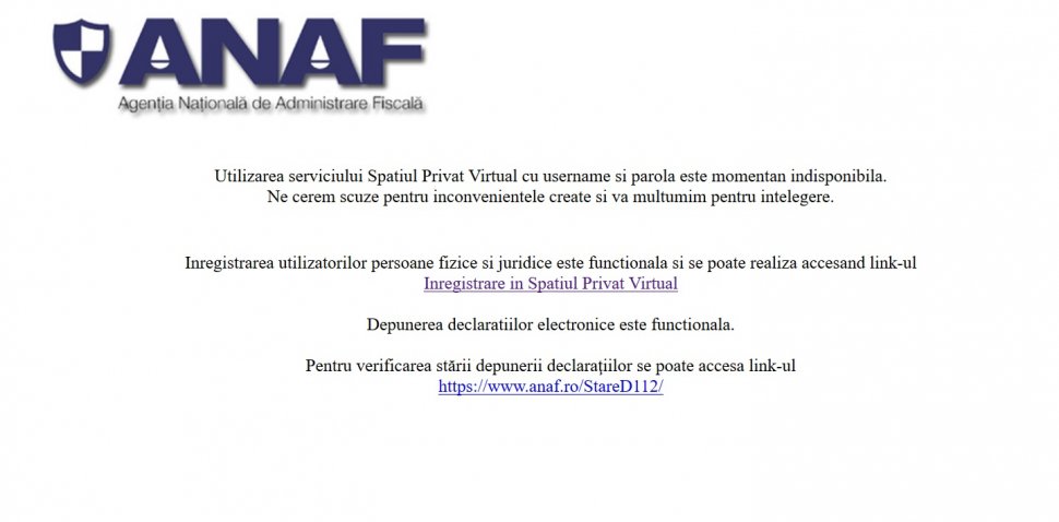 Spațiul Privat Virtual al ANAF nu funcționează. Din nou