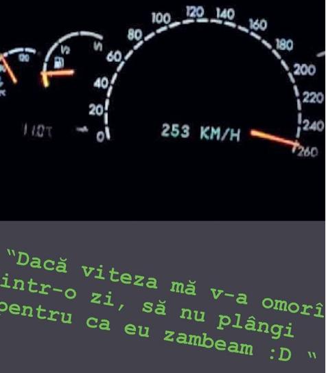 „Dacă viteza mă va omorî într-o zi, să nu plângă, pentru că eu zâmbeam”. Marius gonea noaptea trecută cu toată viteza pe o șosea, când brusc, ceva i-a apărut în cale. Din păcate, "profeția" i s-a îndeplinit 594686