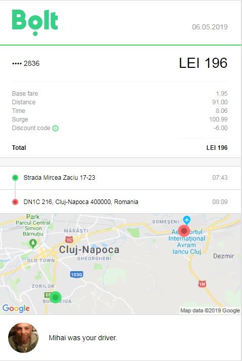 Aterizase pe Aeroportul Cluj și voia să ajungă acasă. Nu avea mult de mers, așa că femeia a chemat o cursă Bolt și a pornit la drum. A doua zi s-a uitat în cont și a avut parte de surpriza vieții ei. E ireal cât a costat-o pe clientă cursa - FOTO 594910