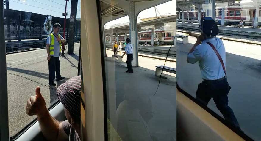 Călătorii se uitau pe geam când trenul a plecat din Gara de Nord, București. La un moment dat, au privit spre peron. Când au văzut ce se întâmplă au izbucnit în râs. Imediat au scos telefonul și au filmat. Imaginile au ajuns virale
