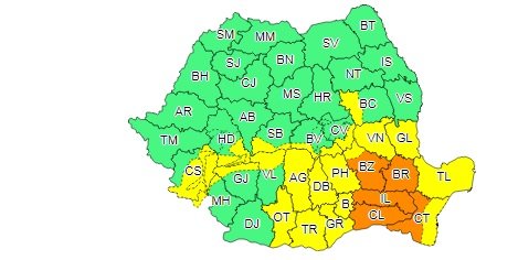 Cod galben de furtună în mai multe regiuni ale țării. Cod portocaliu în patru județe. Caniculă până joi