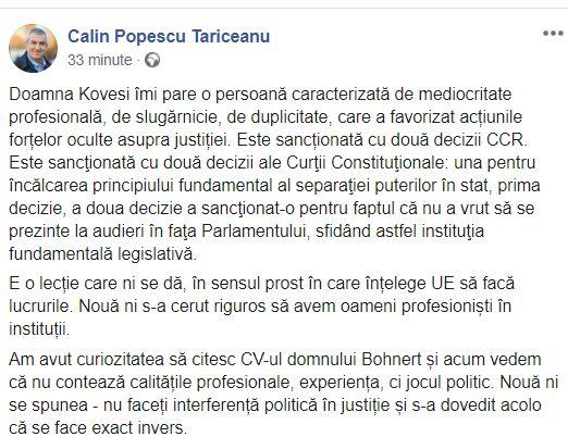 Călin Popescu Tăriceanu, atac dur la adresa Laurei Kovesi: „Mediocritate, slugărnicie, duplicitate. Este o lecție care ni se dă, în sensul prost” 615506