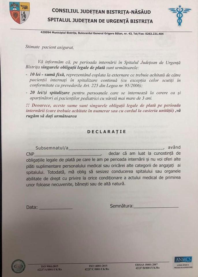 Pacienţii internaţi la spitalul din Bistriţa sunt puşi să semneze că nu dau mită 617382