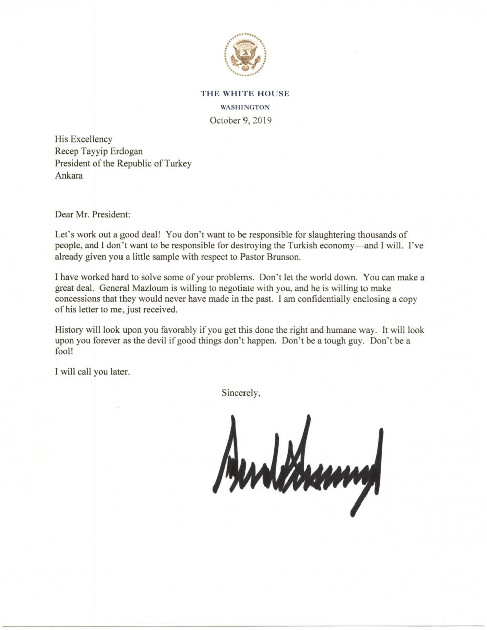 Donald Trump îl îndeamnă pe Recep Tayyip Erdogan să încheie un acord cu militanţii kurzi: „Nu vreţi să fiţi responsabil pentru măcelărirea a mii de oameni” 620400