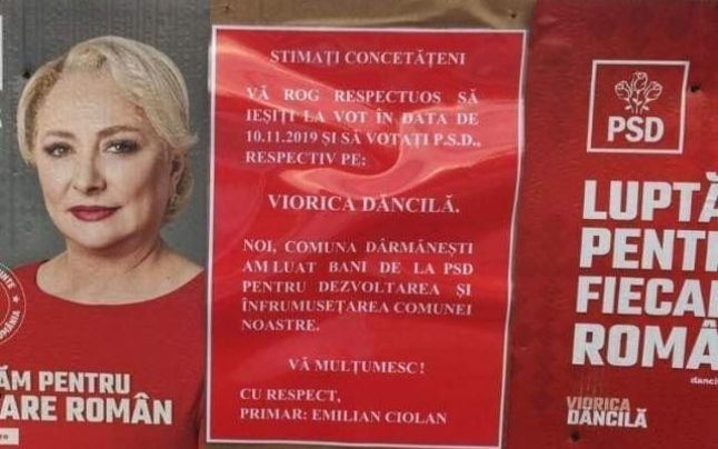 Un primar a lipit afişe în care le cere localnicilor să o voteze pe Dăncilă: „Am luat bani de la PSD pentru înfrumuseţarea comunei”