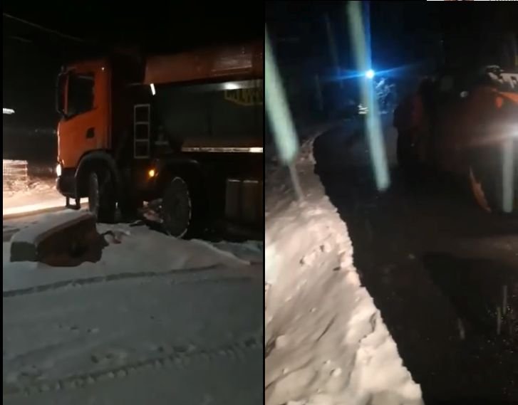 Drum asfaltat pe ninsoare, la Bistrița. Imaginile cu utilajele care asfaltează pe zăpadă au devenit virale pe Internet!