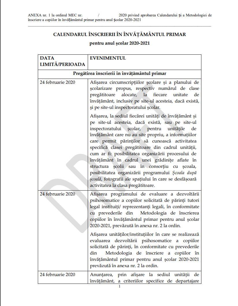 Calendarul înscrierilor în învățământul primar, în anul 2020-2021 - document 642317