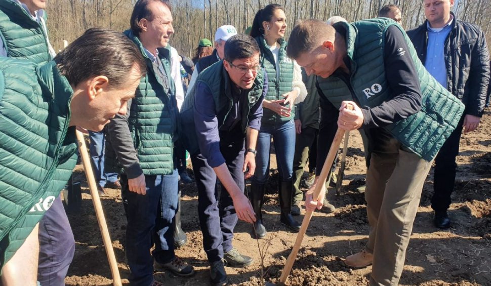 Imagini inedite cu Iohannis, Orban şi Cîţu în timp ce plantează un copac: 'Un pas mic pentru noi, un pas mare pentru România'