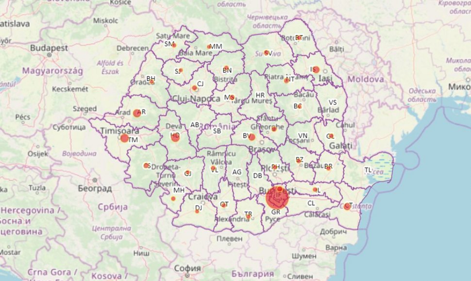 Harta pe județe a cazurilor de coronavirus din România. 217 persoane confirmate la nivel național