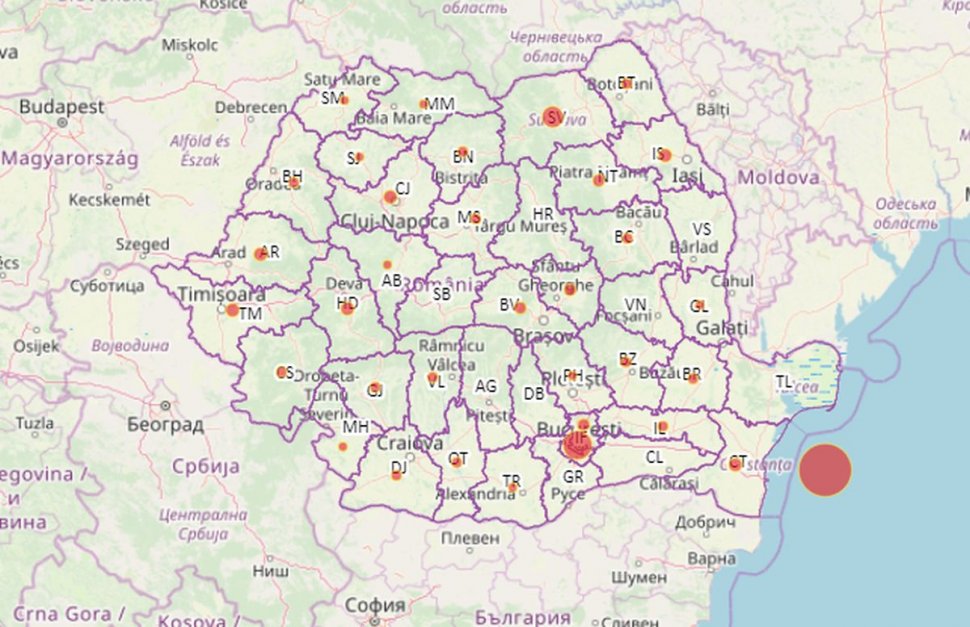 Harta pe județe a cazurilor de coronavirus din România. 576 de persoane confirmate la nivel național și 7 decese