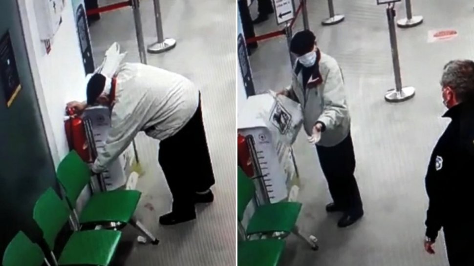 Un bătrânel, surprins de camera de supraveghere a unei farmacii în timp ce folosea extinctorul pe post de dezinfectant (VIDEO)