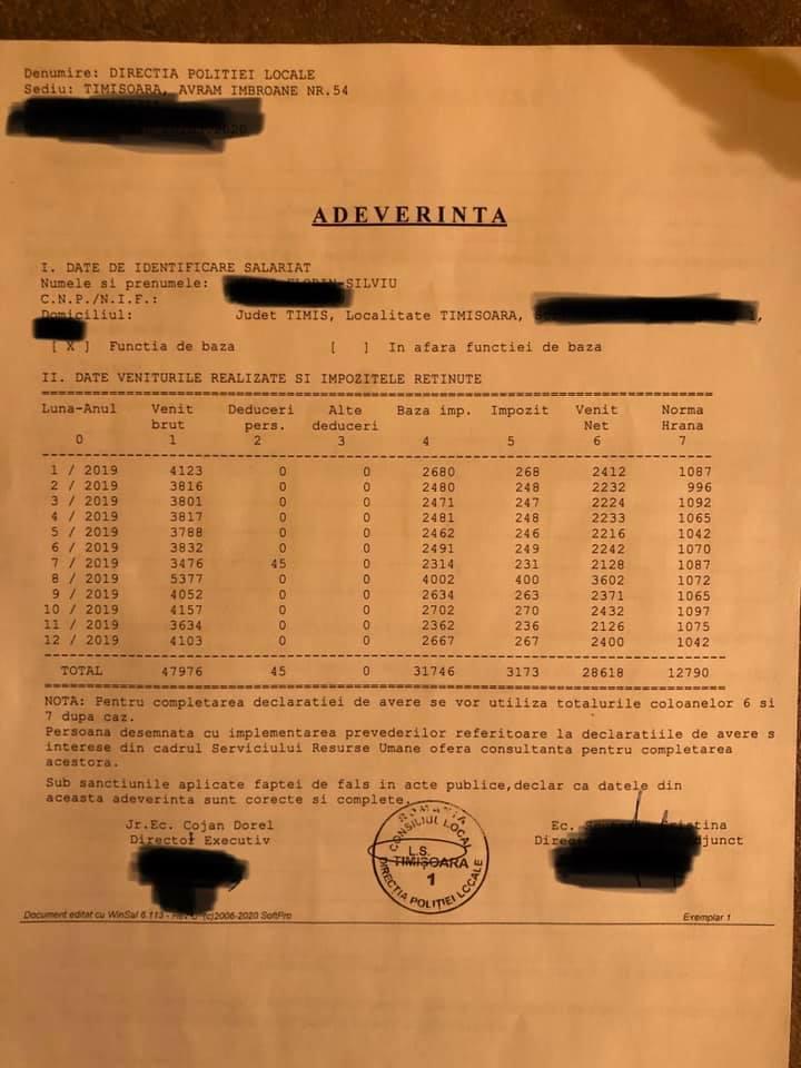Un polițist din Timișoara și-a prezentat adeverința de venit, după declarațiile ministrului Vela: „Este dezinformare în masă” 660052