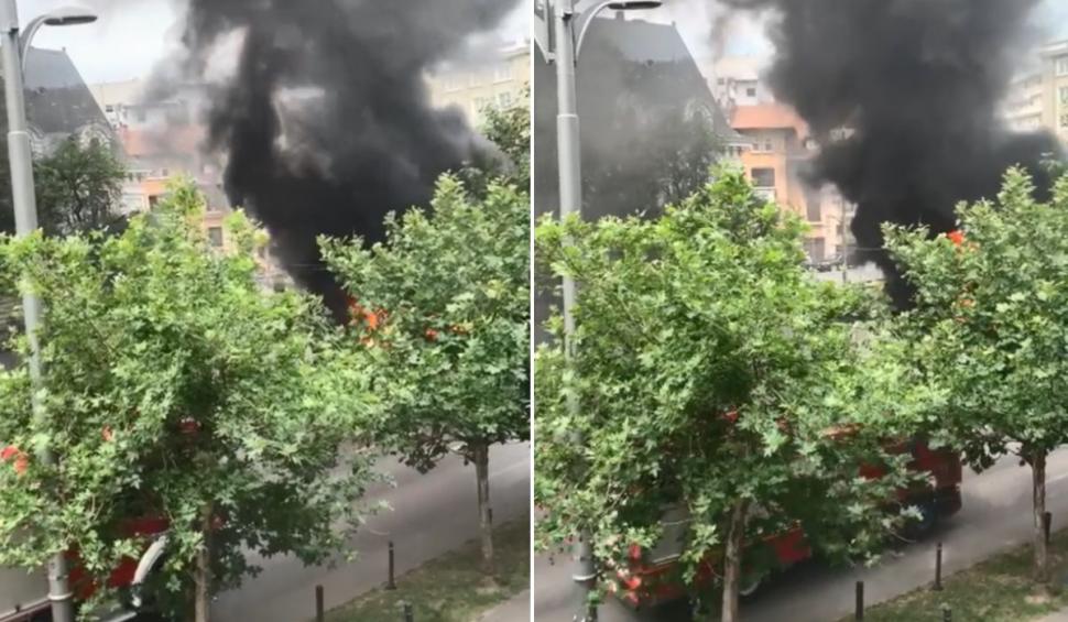 Un troleibuz a ars ca o torță pe Bulevardul Lascăr Catargiu din Capitală VIDEO 666383