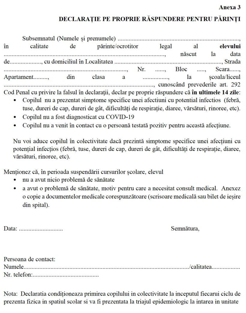 Elevii vor fi primiţi la şcoală, din 14 septembrie, doar cu declaraţie pe propria răspundere semnată de părinţi. Descarcă documentul-tip 675077
