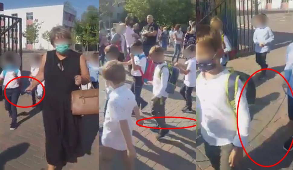 Copii plimbaţi cu sfoara în prima zi de şcoală pentru a păstra distanţarea socială
