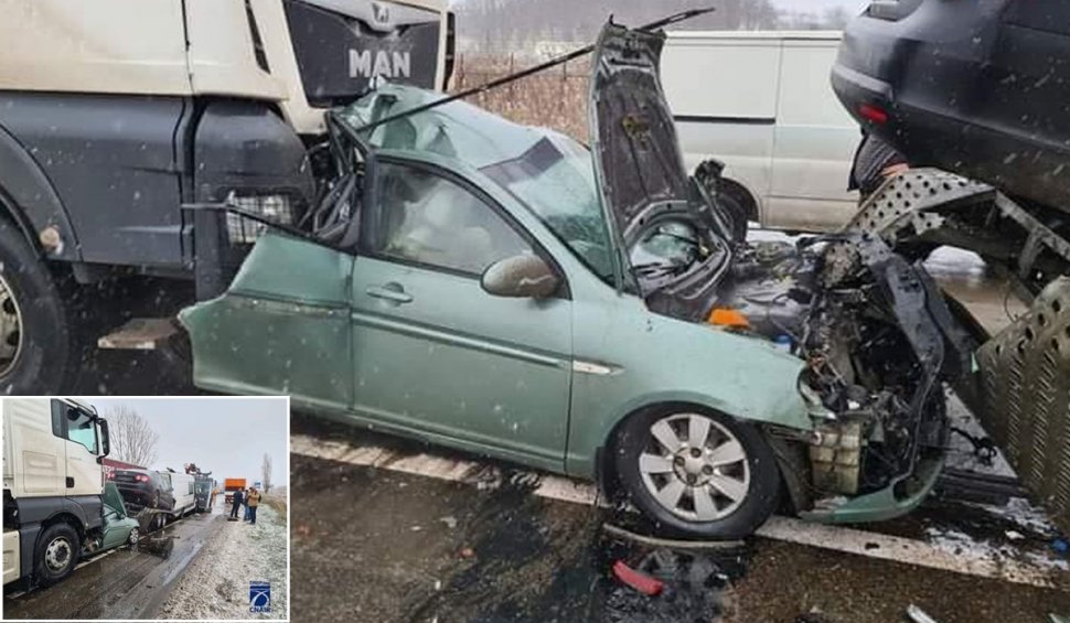 Un autoturism a fost strivit între un TIR şi o platformă, într-un accident rutier la Leţcani