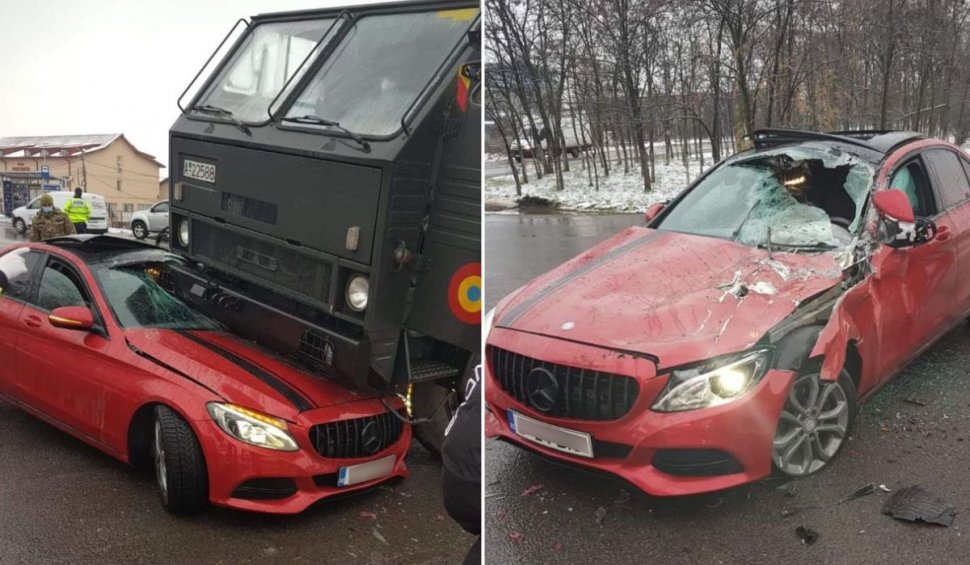 Mercedes strivit într-un accident cu un camion de Armată, în Bragadiru. O tânără a scăpat ca prin minune cu viaţă