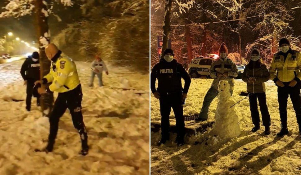 Doi poliţişti din Sibiu s-au jucat în zăpadă şi au ajutat o fetiţă să îşi facă tema pentru şcoală