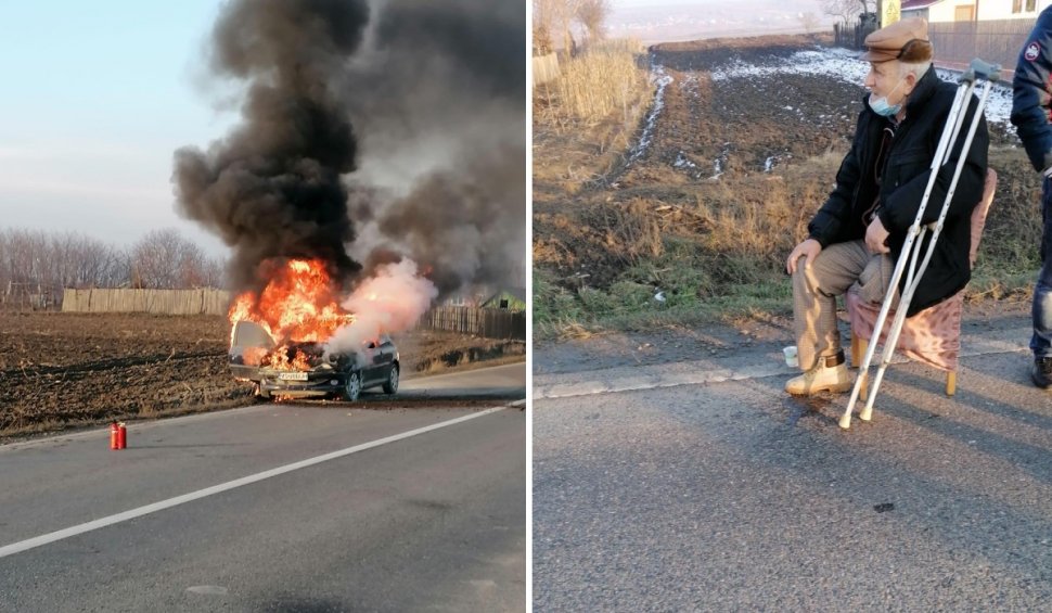 Mașină cuprinsă de flăcări în mers, între Vaslui și Bârlad: Șoferul este un bătrân cu dizabilități care tocmai luase autoturismul din service - FOTO