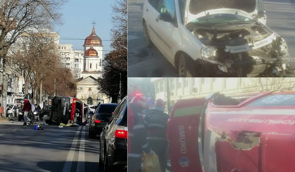 Ambulanță SMURD răsturnată pe o stradă din Brăila! O șoferiță cu trei copii în mașină nu a acordat prioritate