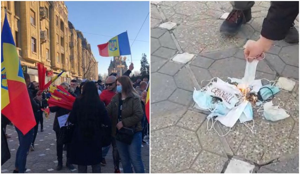 Protest în Timișoara față de carantinarea orașului: „Azi în Timișoara, mâine-n toată țara”. Oamenii au dat foc măștilor!