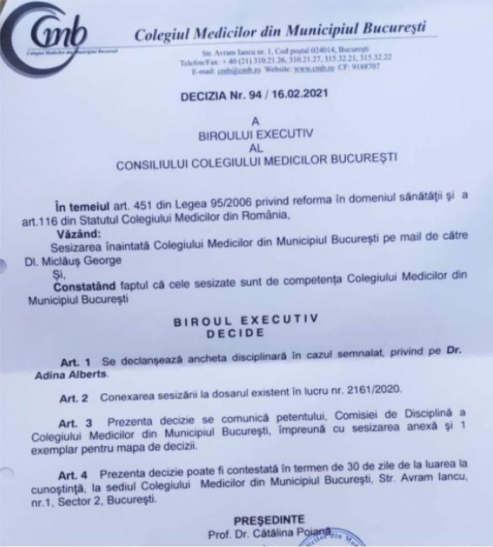 Medicul Adina Alberts, cercetată disciplinar de Colegiul Medicilor, după ce a spus că bolnavii COVID primesc "tratamente experimentale"  699257