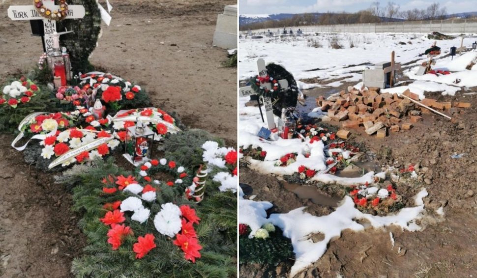 Mormântul unei fetiţe din Făgăraş, distrus după o petrecere în cimitir: "Au băut pe mormânt, au dat foc la coroane"